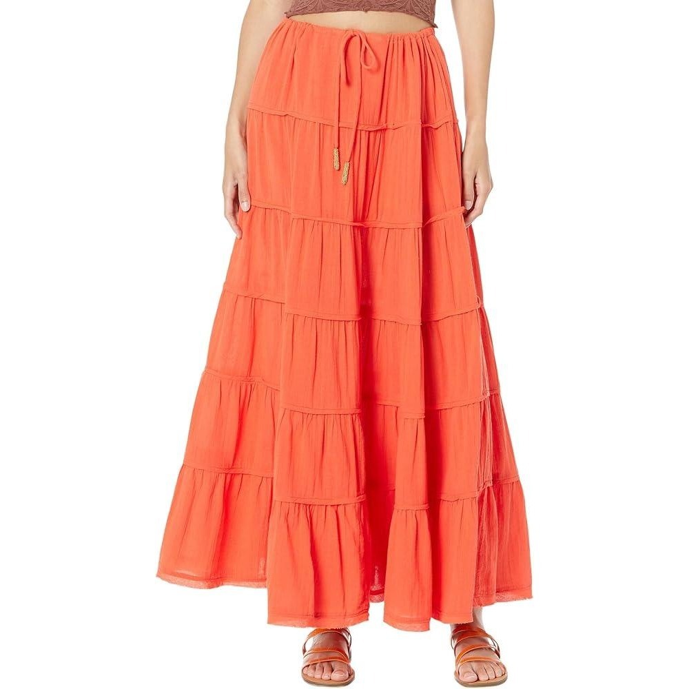 Free People Orange Tiered Gauze Maxi Skirt Boho Beaded Drawstring New
